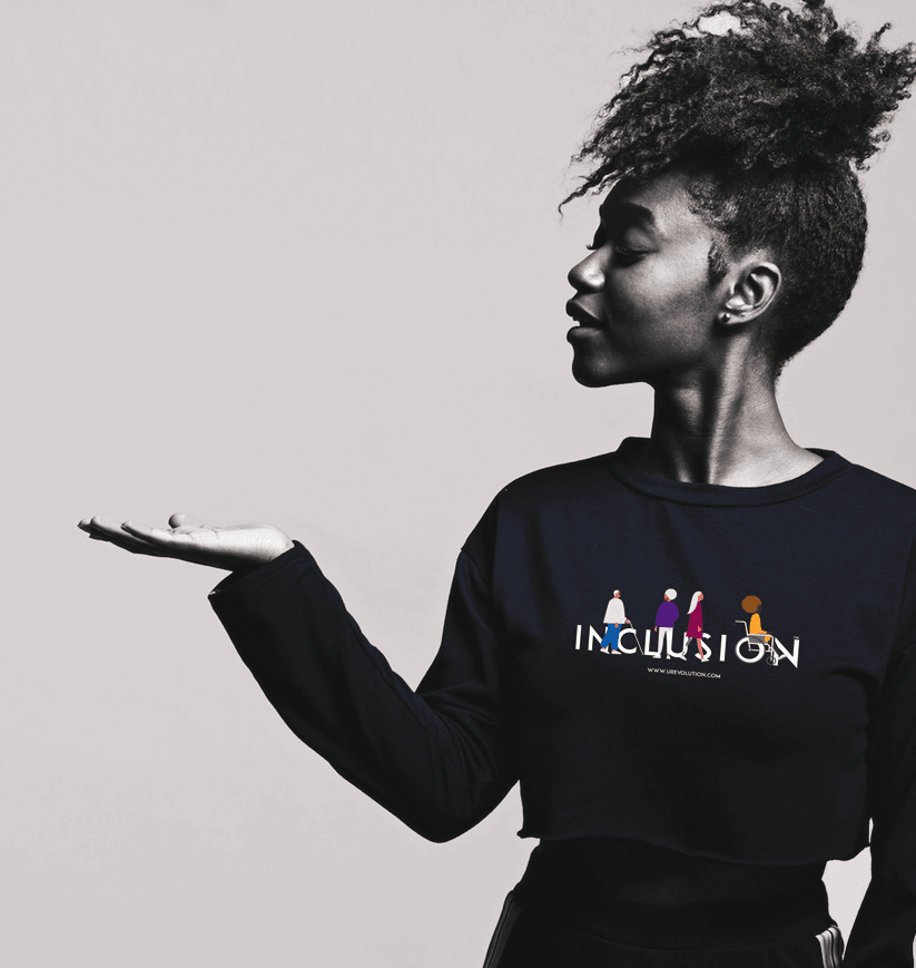 Inclusion clothing: a model is wearing a black sweatshirt with URevolution's INCLUSION design
