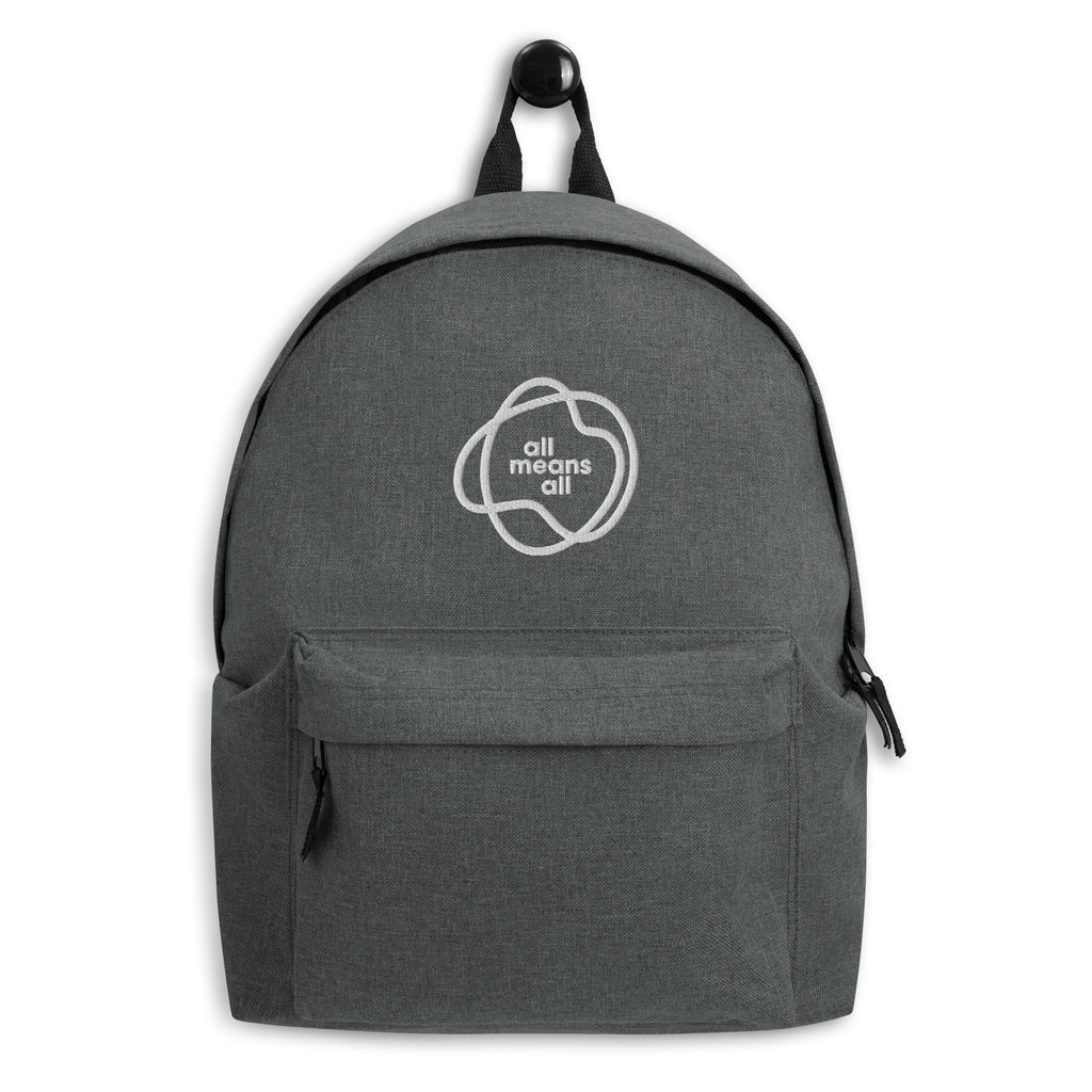 A creative embroidered corporate logo placement on a gray backpack: all means all.