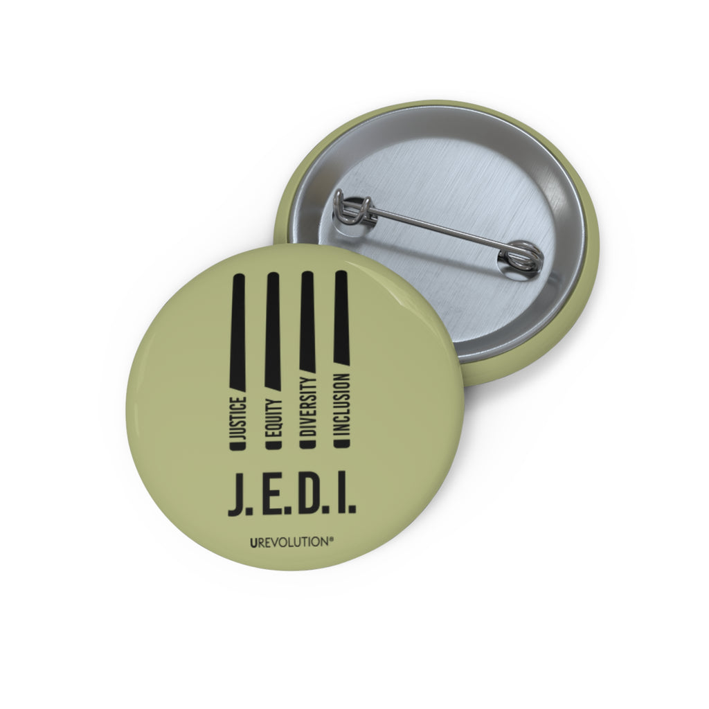 A 1.25in Army-Green JEDI pin reading ‘Justice, Equity, Diversity, Inclusion,’ designed for social justice and DEI support.