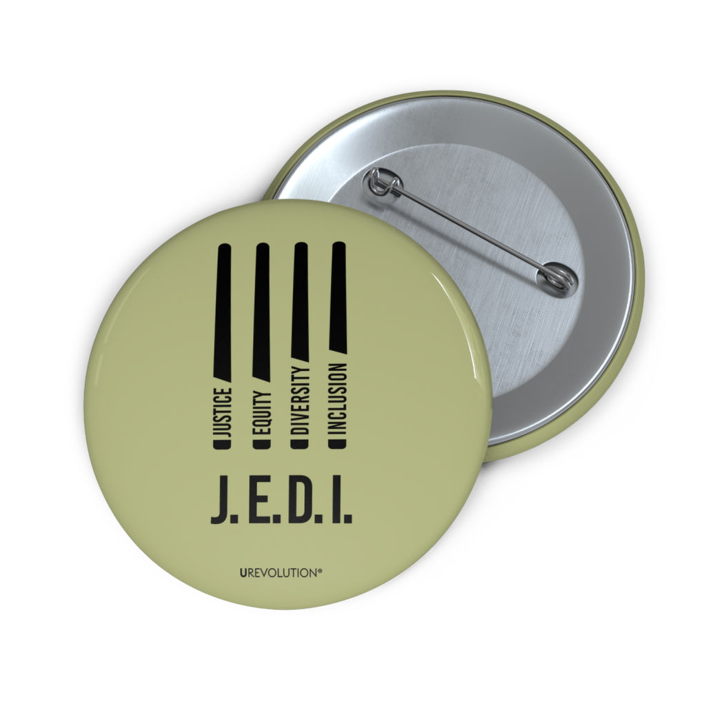 A 2.25in Army-Green JEDI pin reading ‘Justice, Equity, Diversity, Inclusion,’ designed for social justice and DEI support.