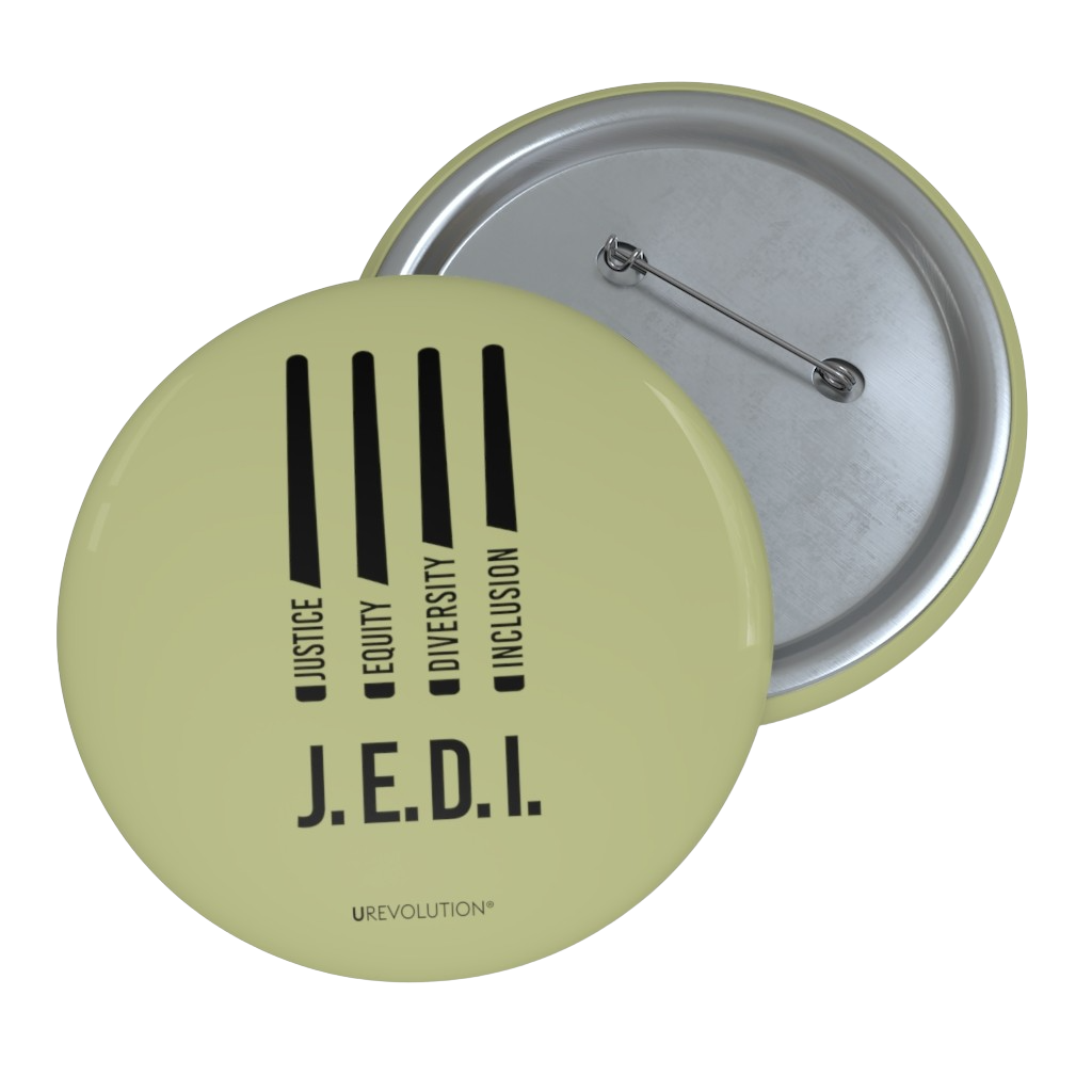 A 3in Army-Green JEDI pin reading ‘Justice, Equity, Diversity, Inclusion,’ designed for social justice and DEI support.