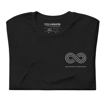 This is a photo of a black heather embroidered Neurodivergent Tee. In the top left third of the Neurodivergent Hoodie, there is an elegant white infinity symbol consisting of three interwoven white lines. The Neurodivergent t-shirt is folded and set against a clear background.