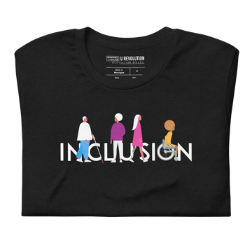 Front view of a Black Heather URevolution inclusion tee featuring their original Inclusion icon: The word INCLUSION is written in white upper case letters. Among the letters are four characters: one larger person with glasses and a cane, one person with one arm wearing a turban, one person with long hair and a prosthetic leg, and one person with an afro, seated in a wheelchair leaning forward.