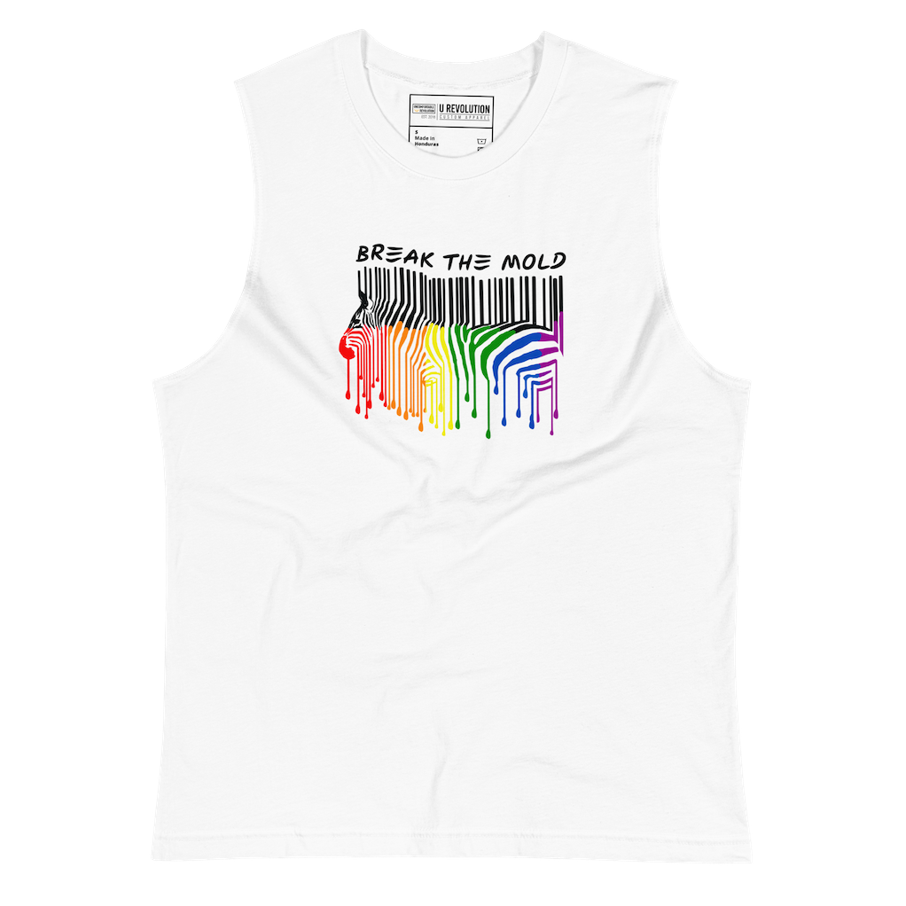 A photo of a white Break the Mold Pride Muscle Shirt. In the middle of the short is a graphic of zebra in the silhouette of a barcode. The top half of the zebra are vertical black stripes, which then change just below the back into the colors of the rainbow. The bottom of each stripe has a paint drip mark. Just above the zebra's back is the phrase, in upper case, 'break the mold.'