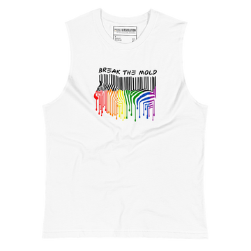 A photo of a white Break the Mold Pride Muscle Shirt. In the middle of the short is a graphic of zebra in the silhouette of a barcode. The top half of the zebra are vertical black stripes, which then change just below the back into the colors of the rainbow. The bottom of each stripe has a paint drip mark. Just above the zebra's back is the phrase, in upper case, 'break the mold.'