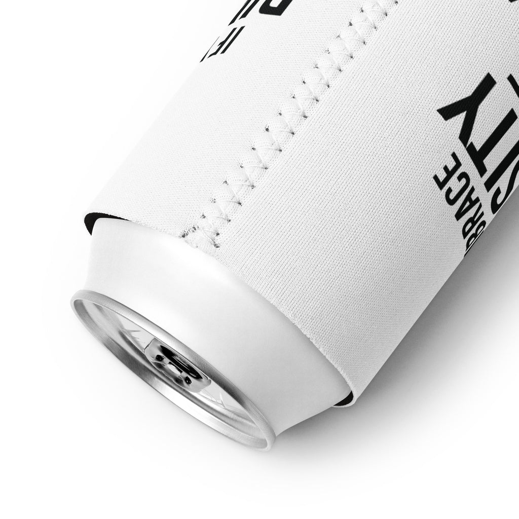 A slim white 12 oz Embrace Diversity Koozie with the phrase, 'If you embrace diversity but ignore disability, you're doing it wrong.' printed in black on the front and back of the koozie.