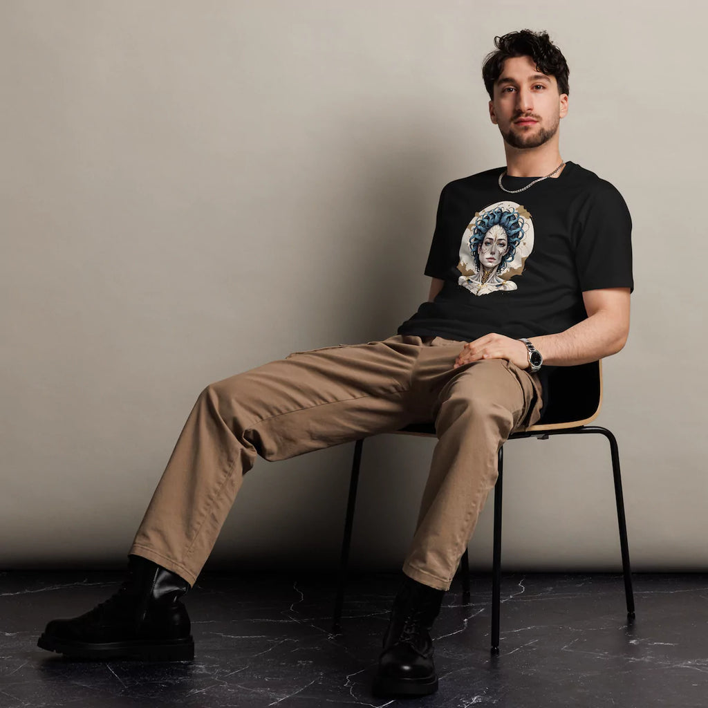 Man wearing Emotional Alchemy trauma transformation black t-shirt with symbolic kintsugi design