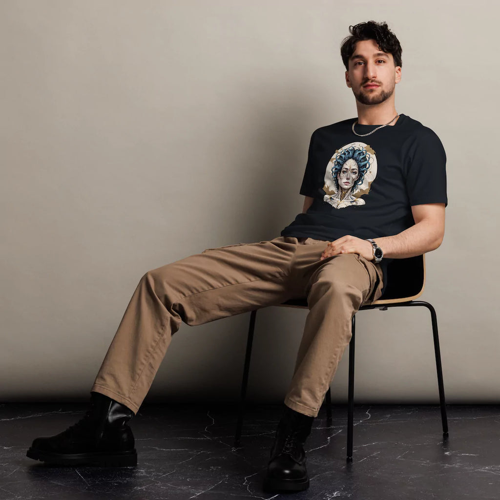 Man wearing Emotional Alchemy trauma transformation navy t-shirt with symbolic kintsugi design