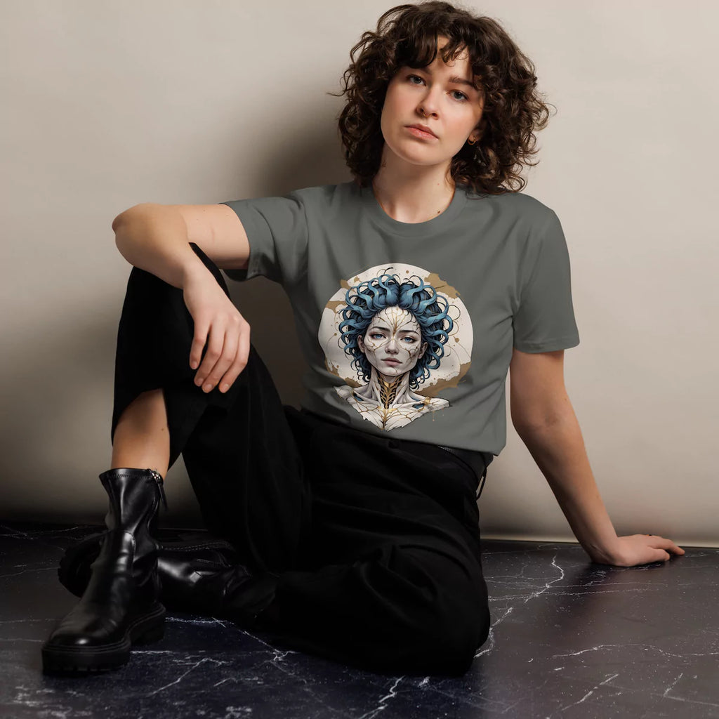 Woman wearing charcoal Emotional Alchemy premium t-shirt featuring cracked ceramic face artwork