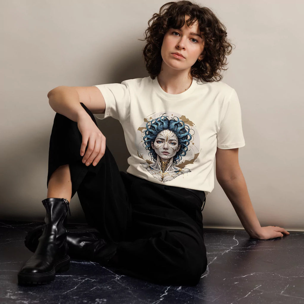 Woman wearing natural Emotional Alchemy premium t-shirt featuring cracked ceramic face artwork