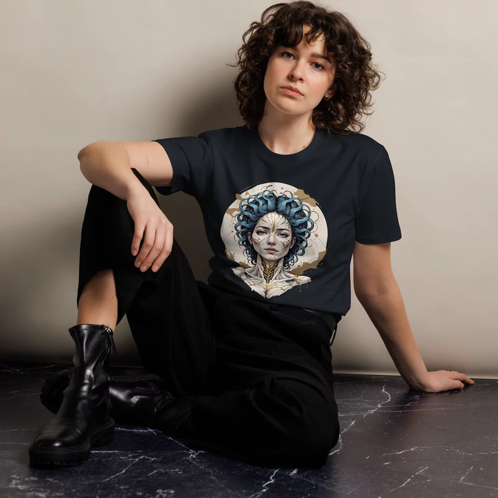 Woman wearing navy Emotional Alchemy premium t-shirt featuring cracked ceramic face artwork