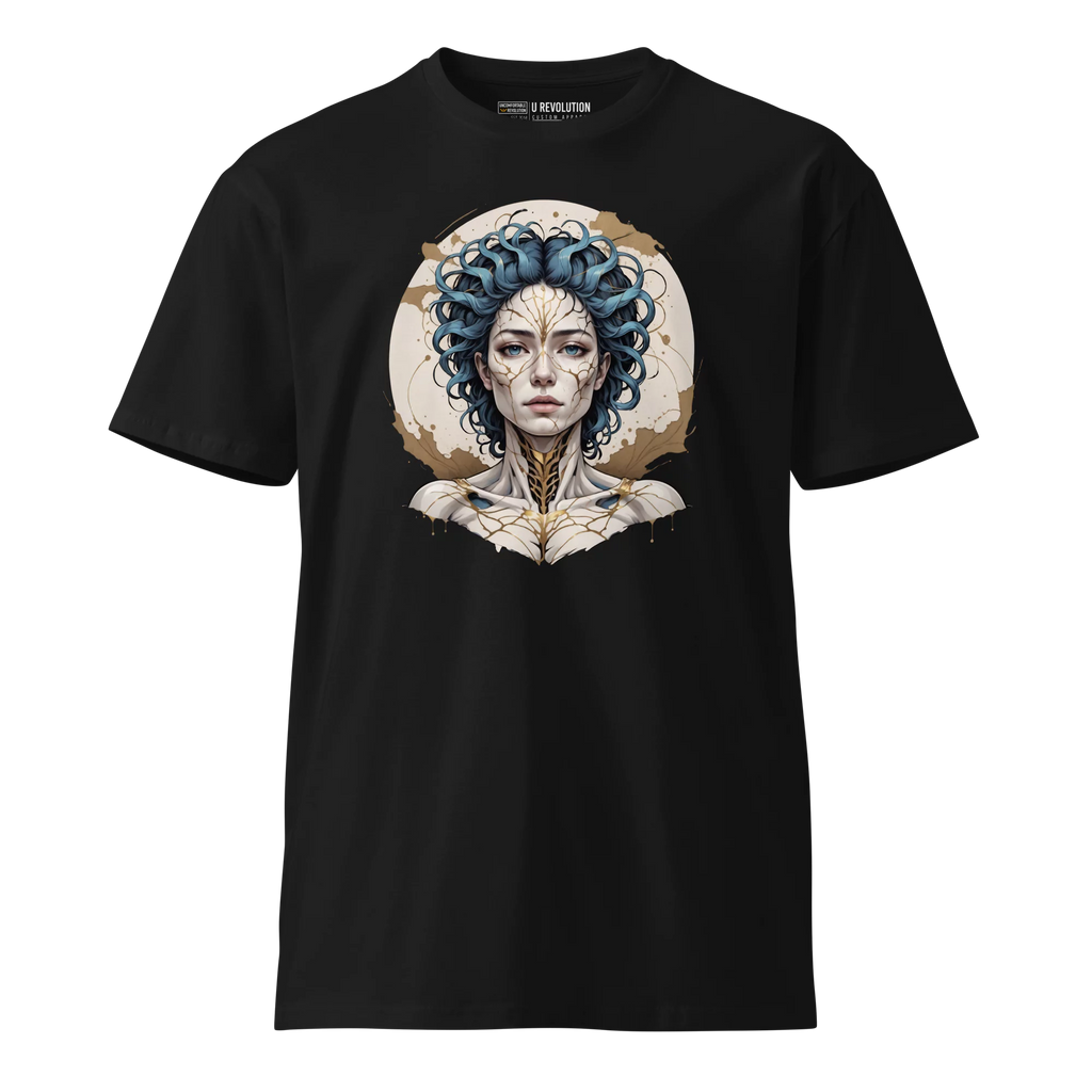 Ghost-style mockup of Emotional Alchemy black premium t-shirt with artistic cracked face design