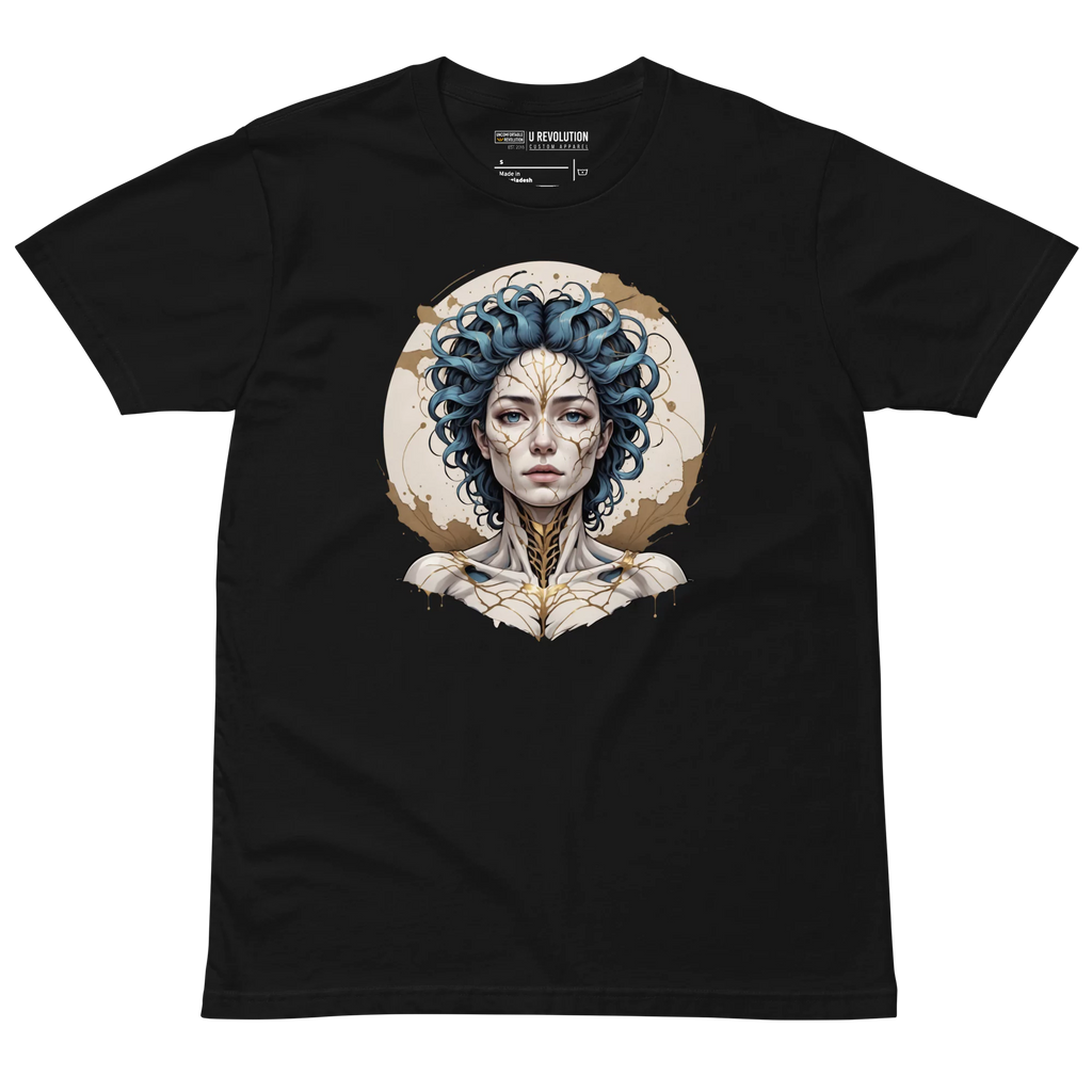 Flat lay of Emotional Alchemy t-shirt with blue-haired cracked porcelain face design on black background