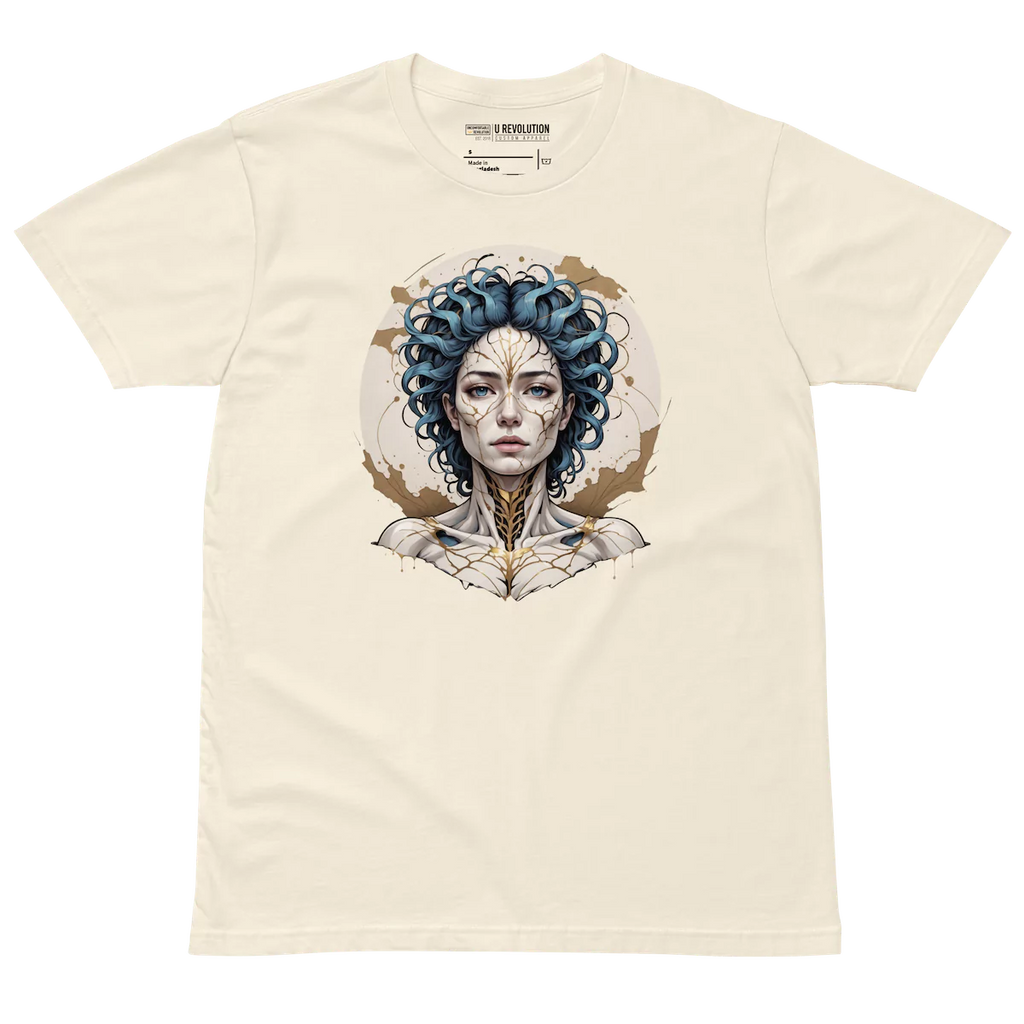 Flat lay of Emotional Alchemy t-shirt with blue-haired cracked porcelain face design on natural background