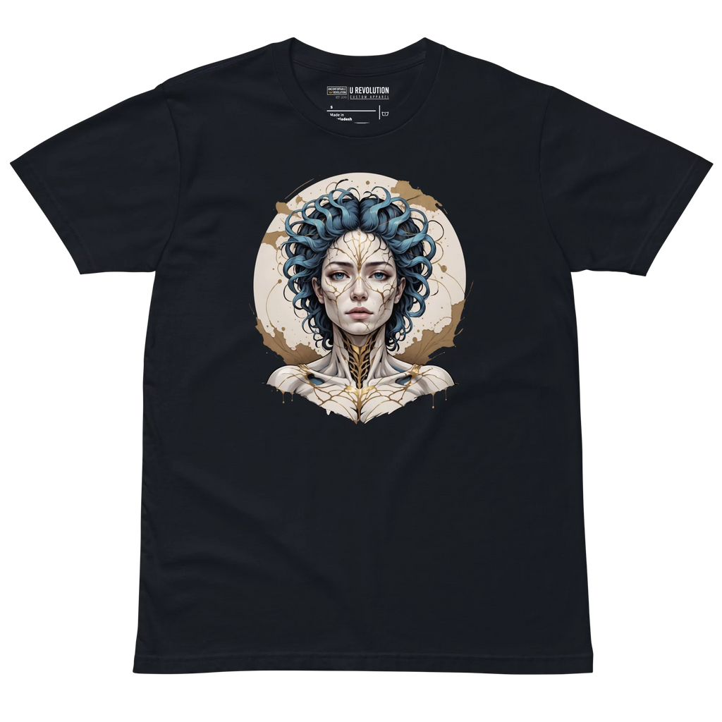 Flat lay of Emotional Alchemy t-shirt with blue-haired cracked porcelain face design on navy background