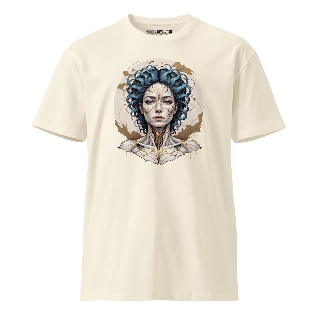 Ghost-style mockup of Emotional Alchemy natural premium t-shirt with artistic cracked face design