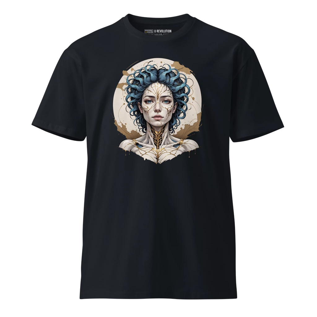 Ghost-style mockup of Emotional Alchemy navy premium t-shirt with artistic cracked face design