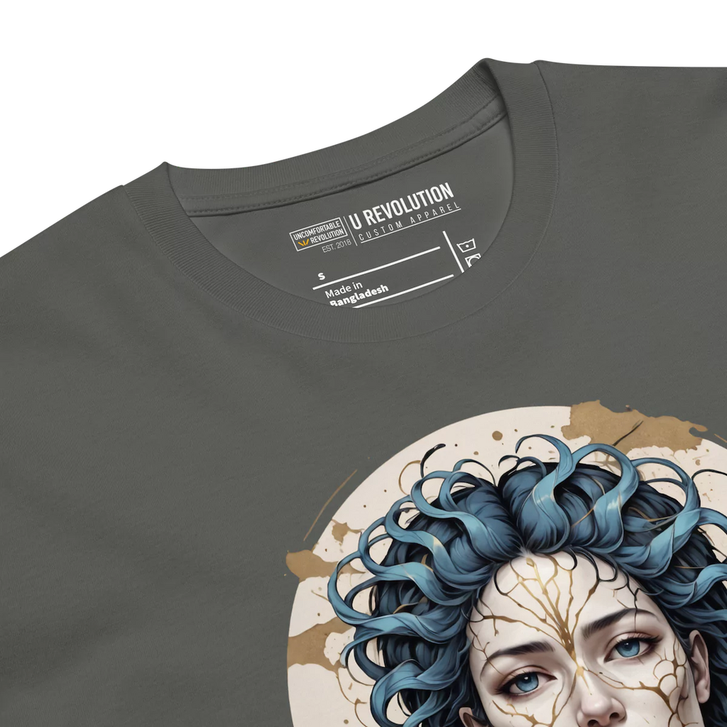 Close-up of charcoal Emotional Alchemy t-shirt showing kintsugi-inspired print and collar detail