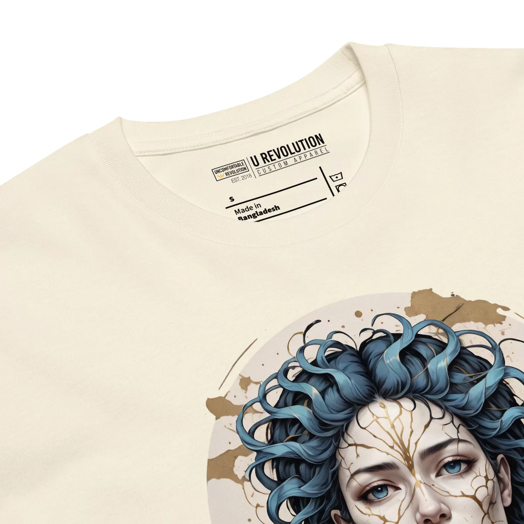 Close-up of natural Emotional Alchemy t-shirt showing kintsugi-inspired print and collar detail