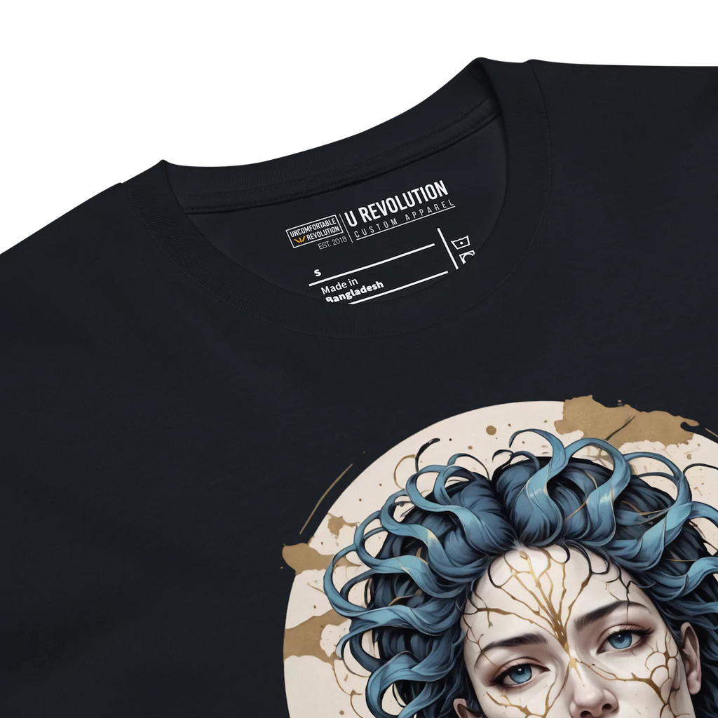 Close-up of navy Emotional Alchemy t-shirt showing kintsugi-inspired print and collar detail