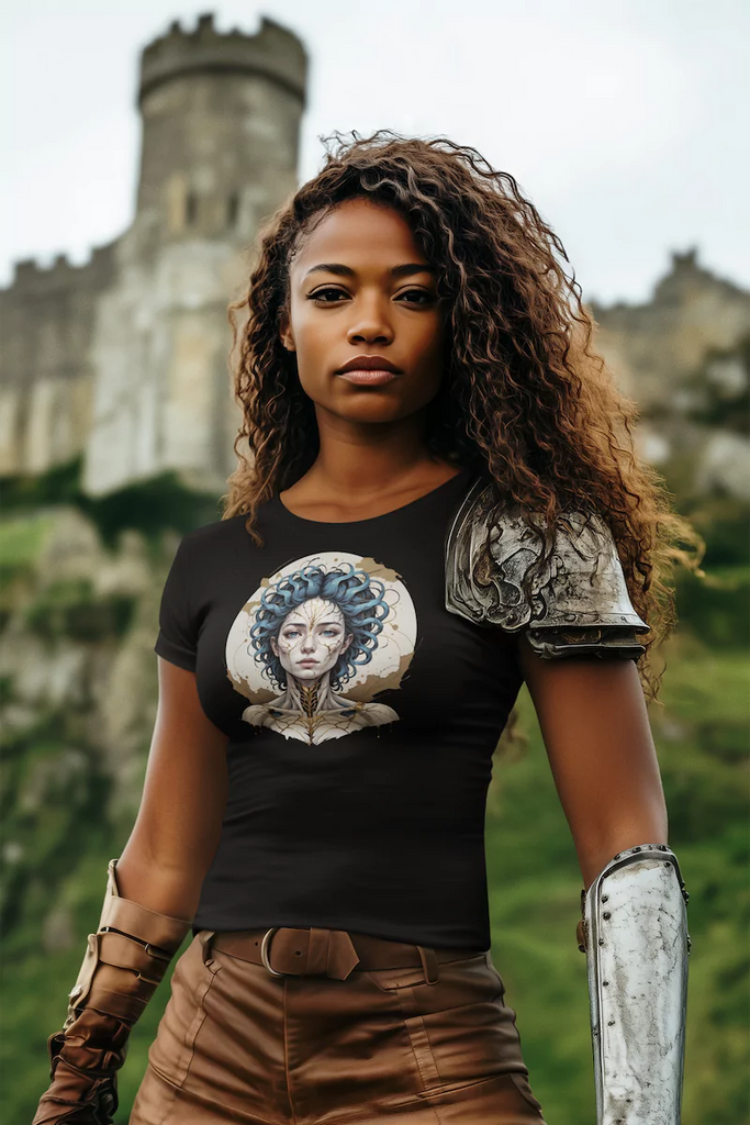 Black woman in warrior outfit wearing Emotional Alchemy t-shirt, symbolizing strength through trauma