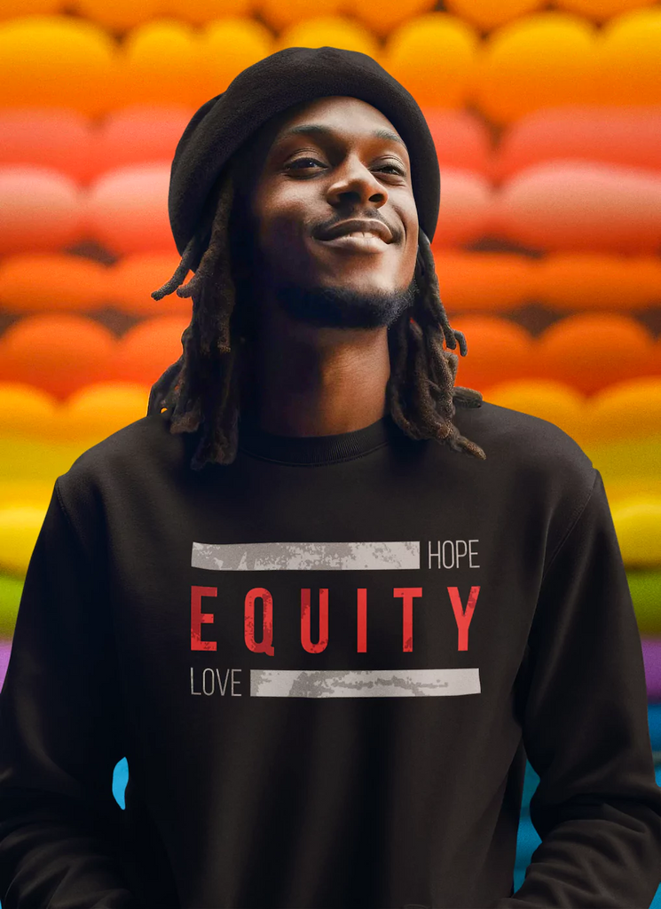Black man wearing Equity Sweatshirt that says "Hope Equity Love" in front of a colorful rainbow backdrop.