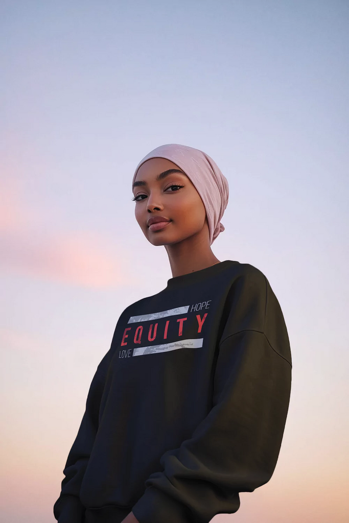 Black woman wearing Equity Sweatshirt that says "Hope Equity Love" against a soft sunset sky.