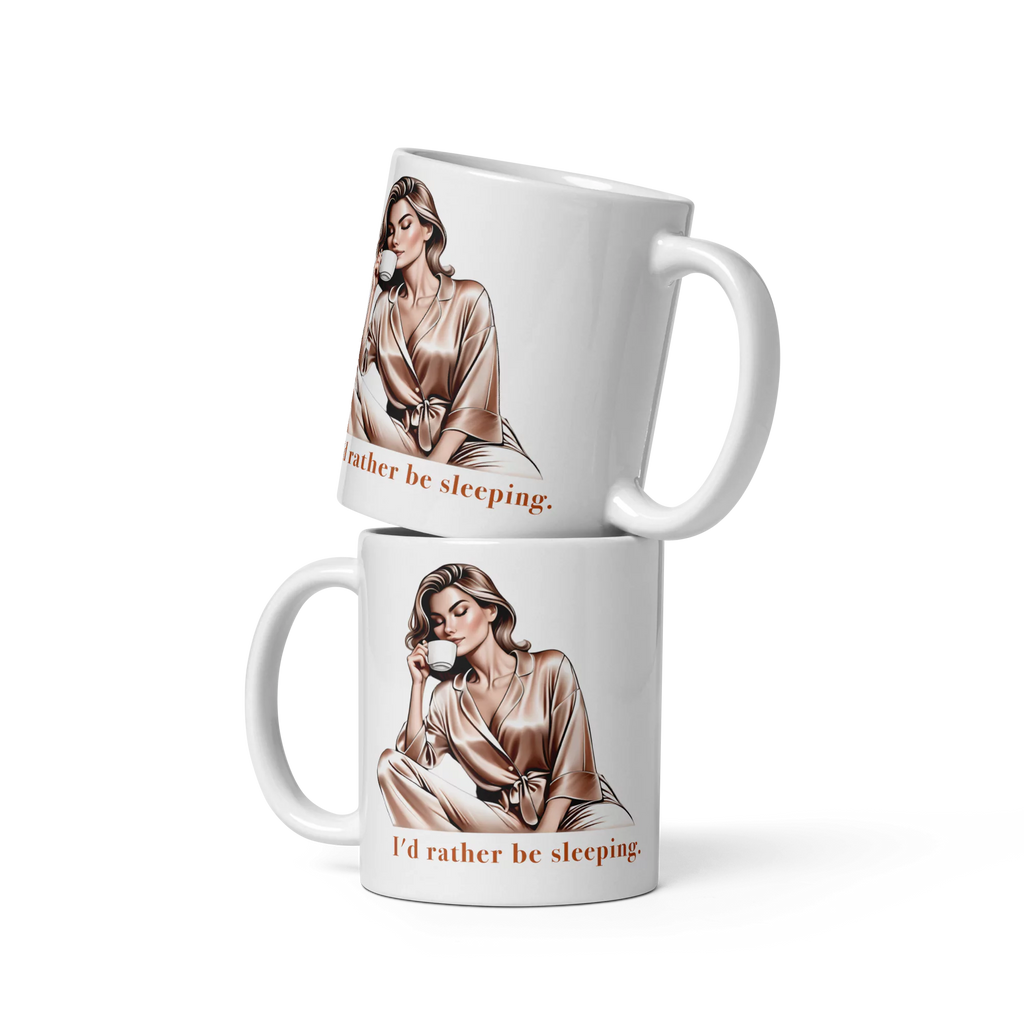 Two elegant 11oz "I'd Rather Be Sleeping Elegant" Mugs stacked on top of each other.