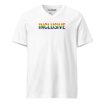 White Inclusive Gay Pride V-Neck T-Shirt with rainbow text design, soft cotton fabric, and unisex fit.