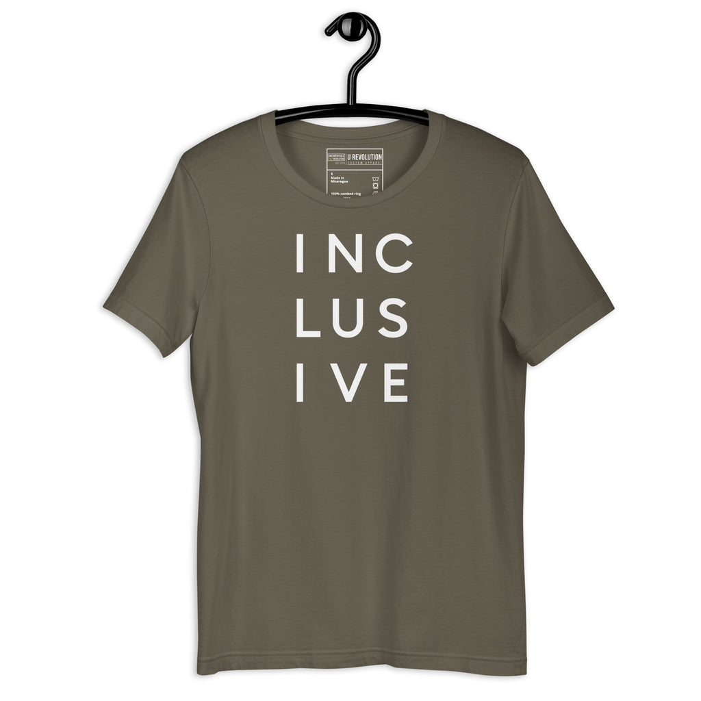 Army INCLUSIVE Statement Tee displayed on a hanger – minimalist typography t-shirt featuring the word 'INCLUSIVE' spaced across three lines, symbolizing unity, diversity, and belonging.