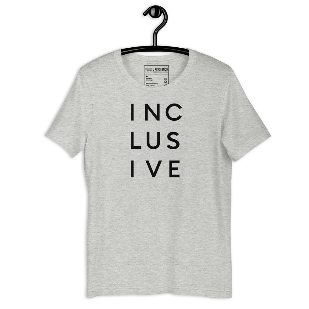 Athletic heather INCLUSIVE Statement Tee displayed on a hanger – minimalist typography t-shirt featuring the word 'INCLUSIVE' spaced across three lines, symbolizing unity, diversity, and belonging.