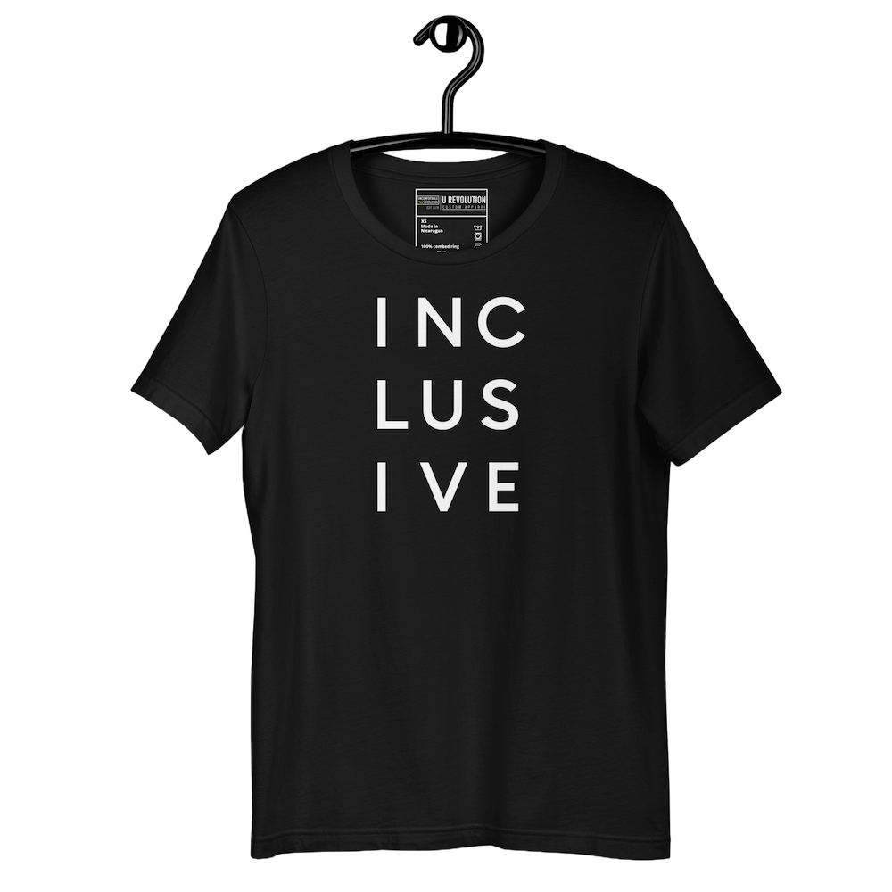 Black INCLUSIVE Statement Tee displayed on a hanger – minimalist typography t-shirt featuring the word 'INCLUSIVE' spaced across three lines, symbolizing unity, diversity, and belonging.