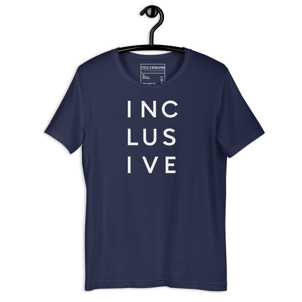 Navy INCLUSIVE Statement Tee displayed on a hanger – minimalist typography t-shirt featuring the word 'INCLUSIVE' spaced across three lines, symbolizing unity, diversity, and belonging.