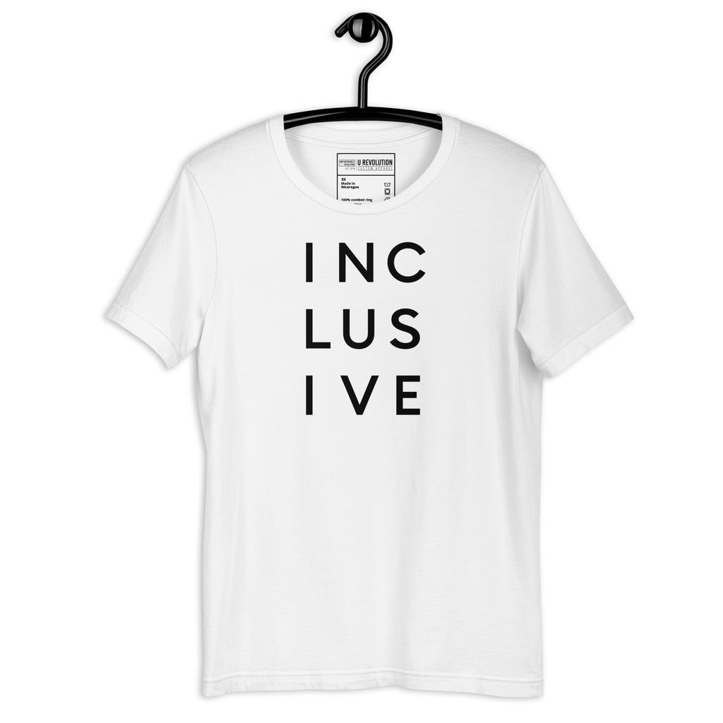 White INCLUSIVE Statement Tee displayed on a hanger – minimalist typography t-shirt featuring the word 'INCLUSIVE' spaced across three lines, symbolizing unity, diversity, and belonging.