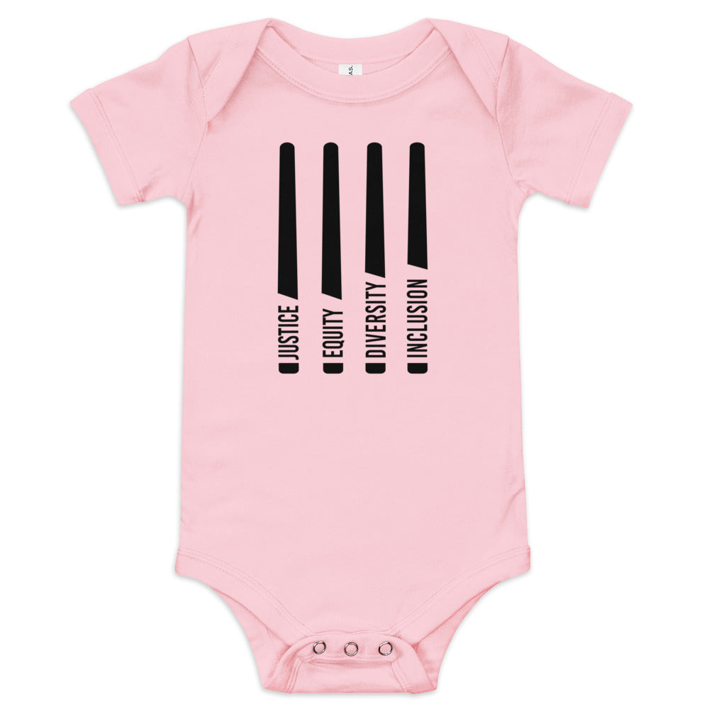 This is a photo of a light pink JEDI onesie. In the middle of the short sleeve, JEDI onesie are four black lightsabers. At the bottom of each saber representing the saber handle is one word: Justice Equity Diversity Inclusion. Beneath the sabers is the acronym JEDI in black upper case letters.