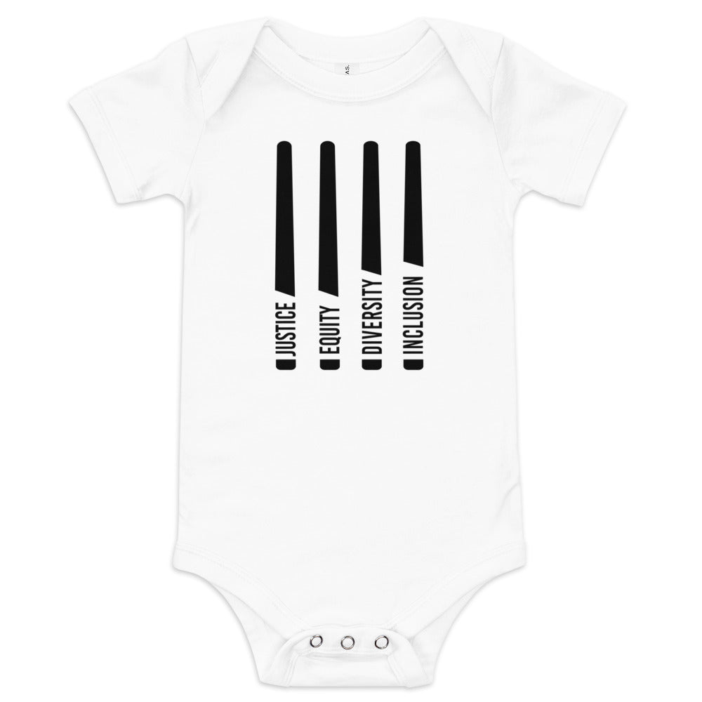 This is a photo of a white JEDI onesie. In the middle of the short sleeve, baby JEDI onesie are four black lightsabers. At the bottom of each saber representing the saber handle is one word: Justice Equity Diversity Inclusion. Beneath the sabers is the acronym JEDI in black upper case letters.