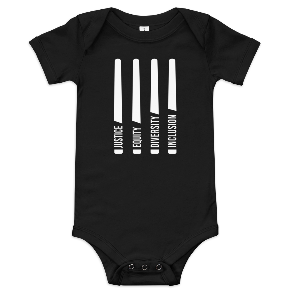 This is a photo of a black JEDI onesie. A photo of a JEDI onesie.A photo of a JEDI onesie. In the middle of the short sleeve, JEDI onesie are four white lightsabers. At the bottom of each saber representing the saber handle is one word: Justice Equity Diversity Inclusion. Beneath the sabers is the acronym JEDI in white upper case letters.