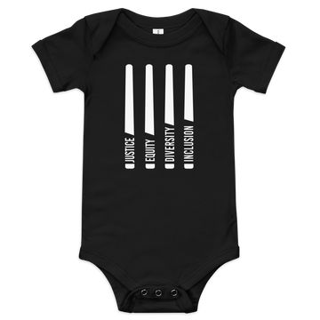 This is a photo of a black JEDI onesie. A photo of a JEDI onesie.A photo of a JEDI onesie. In the middle of the short sleeve, JEDI onesie are four white lightsabers. At the bottom of each saber representing the saber handle is one word: Justice Equity Diversity Inclusion. Beneath the sabers is the acronym JEDI in white upper case letters.