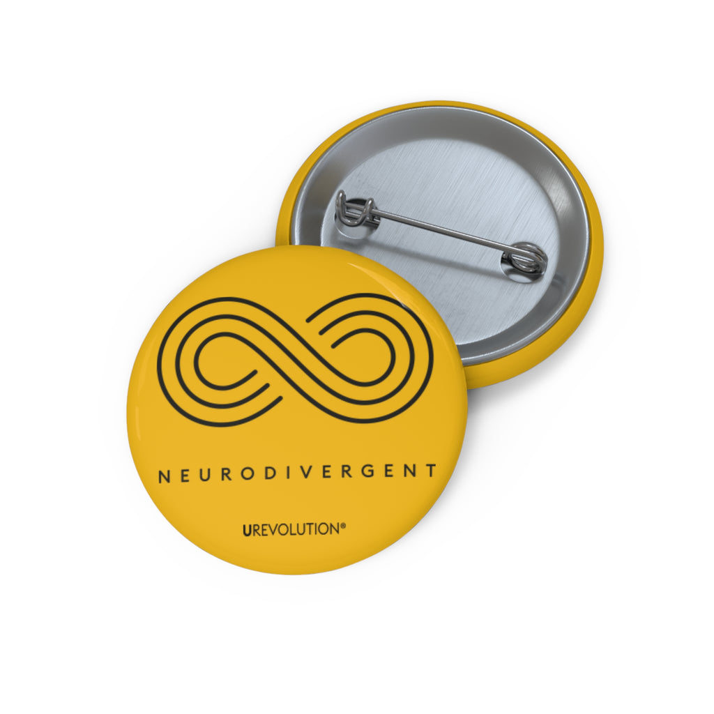 Gold Neurodivergent Pin-Back Button featuring black infinity symbol and ‘Neurodivergent’ text