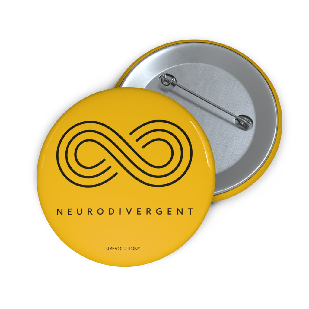 Gold Neurodivergent Pin-Back Button featuring black infinity symbol and ‘Neurodivergent’ text