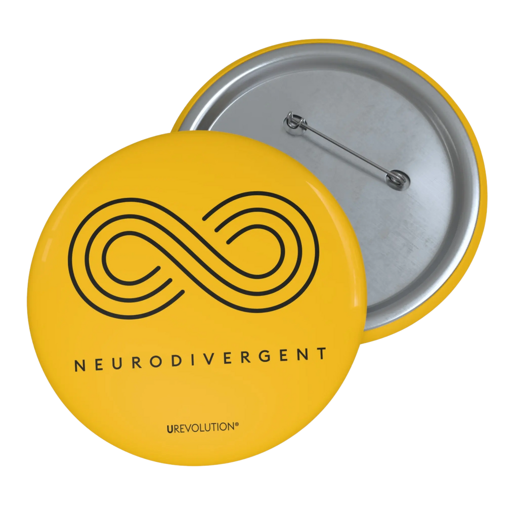 Gold Neurodivergent Pin-Back Button featuring black infinity symbol and ‘Neurodivergent’ text