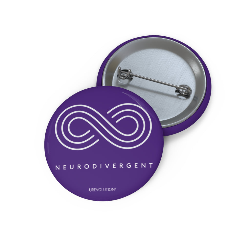 Purple Neurodivergent Pin-Back Button with white infinity symbol and ‘Neurodivergent’ text.