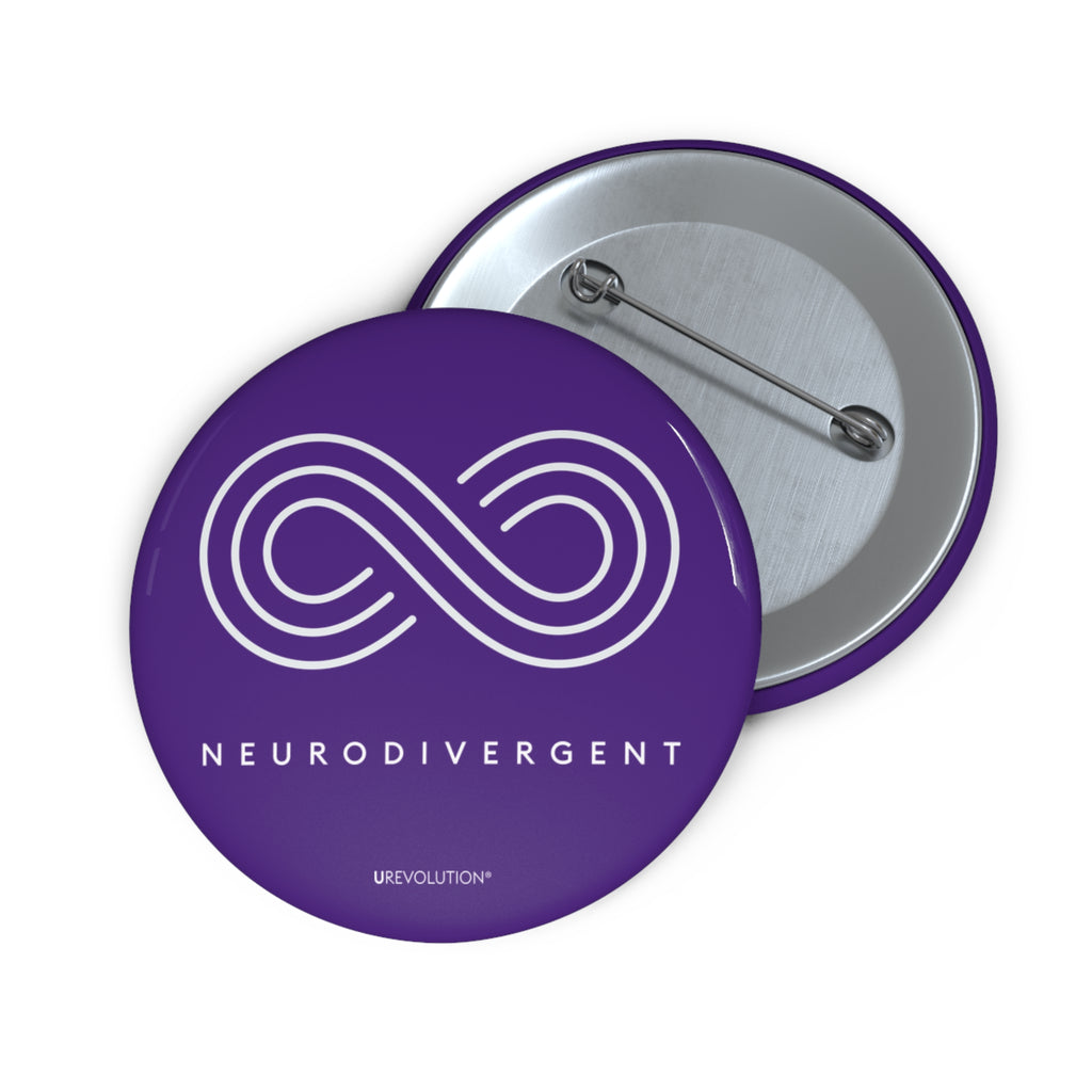 Purple Neurodivergent Pin-Back Button with white infinity symbol and ‘Neurodivergent’ text.