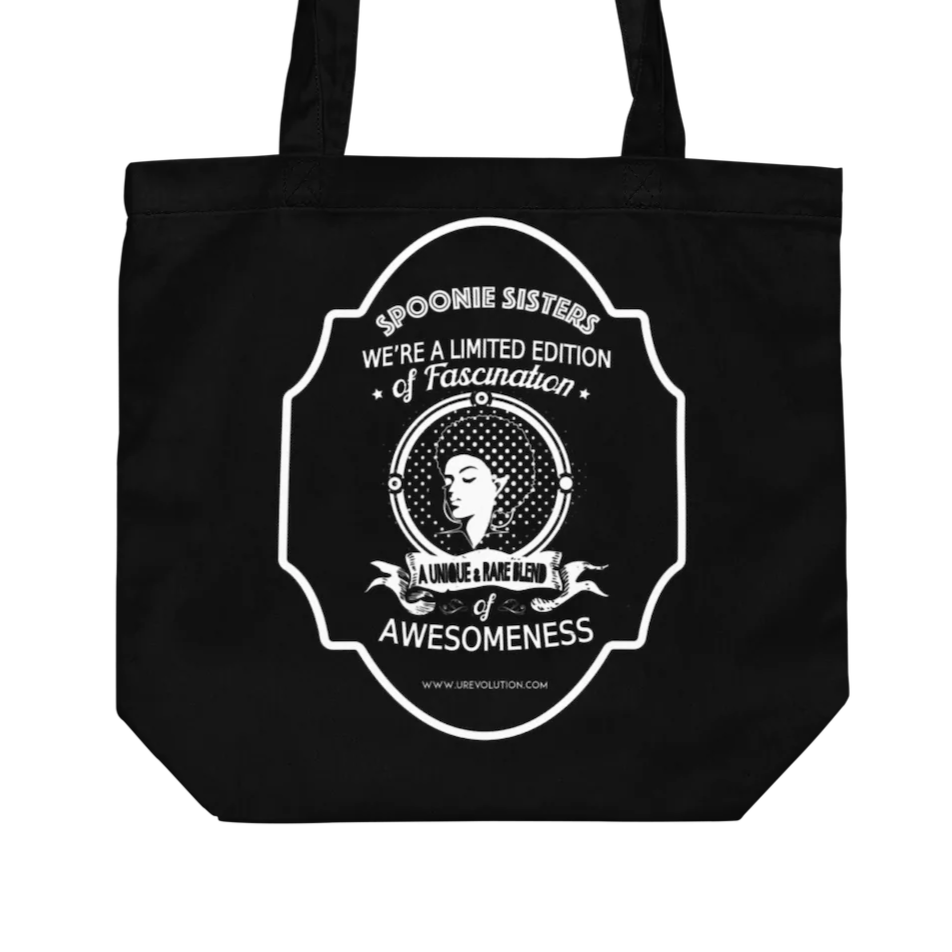 Close-up of the Spoonie Tote Bag with "Spoonie Sisters" retro-style design, celebrating Spoon Theory and chronic illness warriors