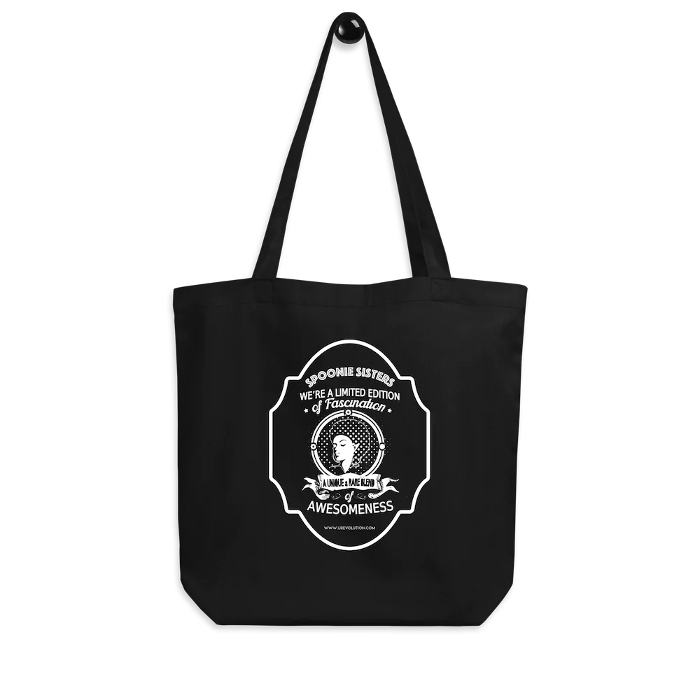 Spoonie Tote Bag made from 100% organic cotton, featuring the Spoonie Sisters Limited Edition retro design in white print.