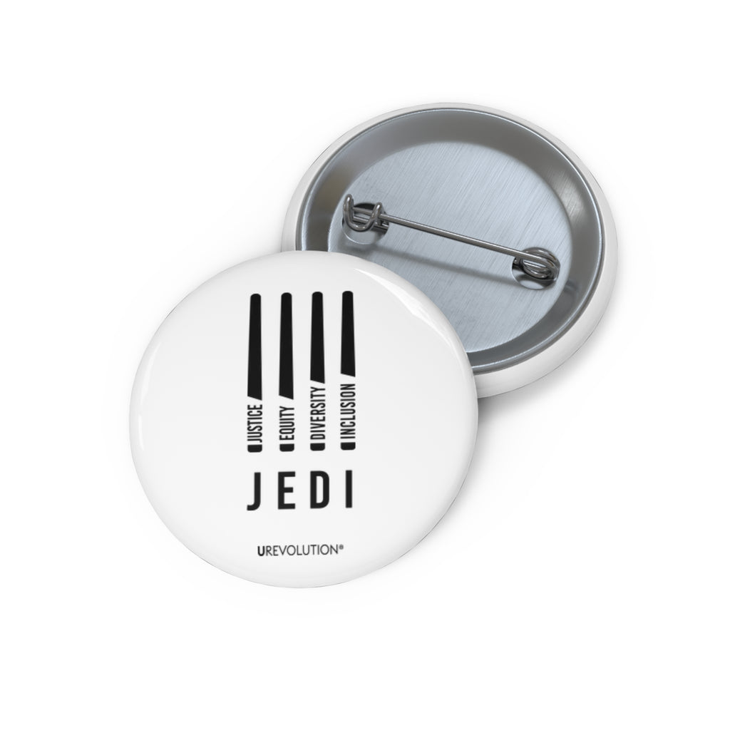 A 1.25in White JEDI pin reading ‘Justice, Equity, Diversity, Inclusion’ for social justice.