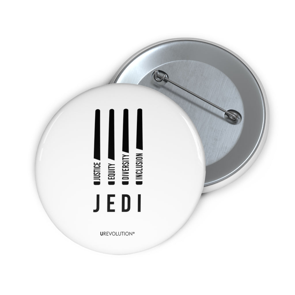 A 2.25in White JEDI pin reading ‘Justice, Equity, Diversity, Inclusion’ for social justice.