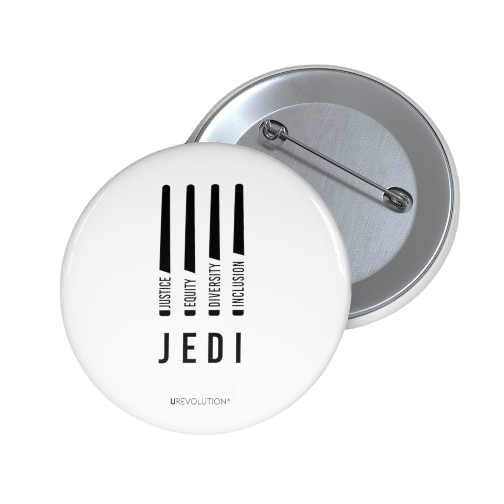 A 3in White JEDI pin reading ‘Justice, Equity, Diversity, Inclusion’ for social justice.