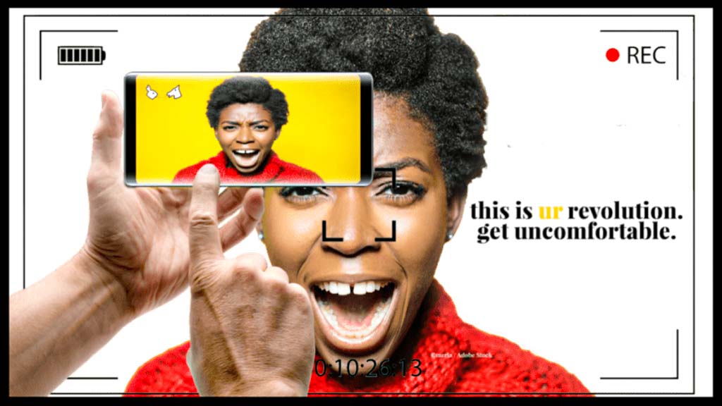 Open writing submissions 2022 and creative nonfiction submissions. Graphic features a femme with a wide-open smile. In front of their face is a mobile phone taking a photo of them. On their right is a sentence: "this is UR revolution, get uncomfortable"