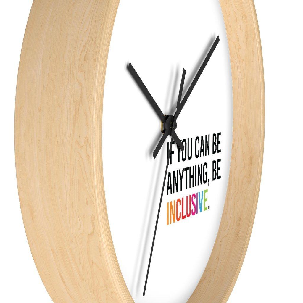 Up close angled view of the wood frame with white face and black hands.